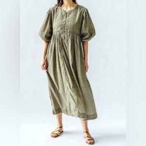 MIRTH Long Sleeved Midi House Dress Caftan w/Block Printed Ivy Tulip Pattern